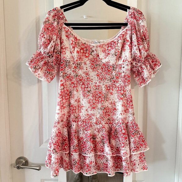 Charo Ruiz Ibiza Jean Off-the-Shoulder Eyelet Dress Size Medium Color White Red - Picture 2 of 8